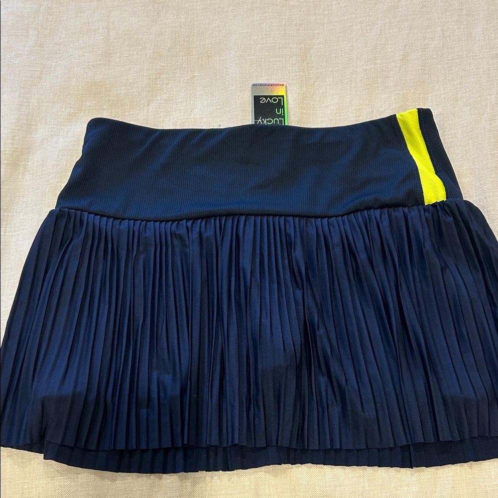 Lucky in Love Navy Blue Pleated Tennis Skort Neon Yellow Stripe NWT Size Medium